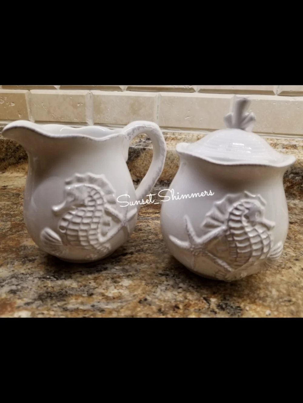 Seahorse Starfish Seashell Blue Sky Ceramic Sugar Creamer Serving Spoon Set NEW